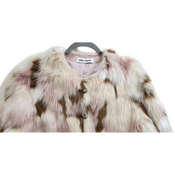 NIMO WANG Faux Fur Jacket Multicolor Pink Brown White |Boho Statement Outerwear - Picture 3 of 13